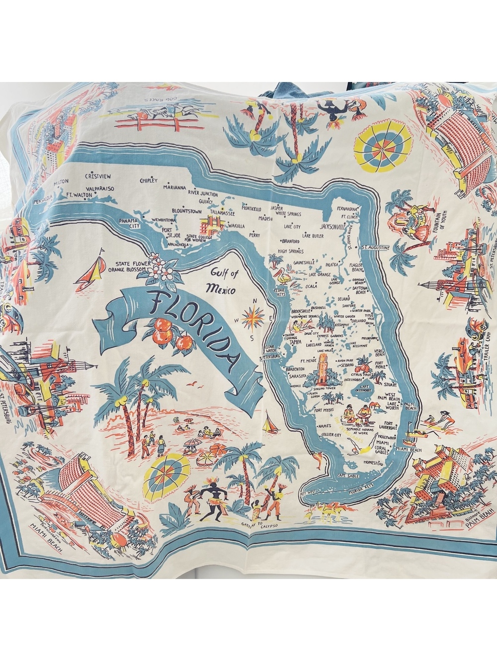 Vintage Florida Map Tablecloth Miami Beach Palm Beach St Pete Souvenir 52x45